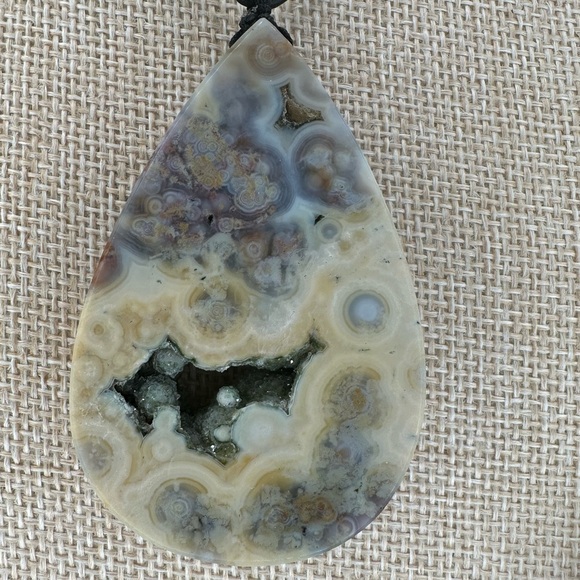 Large Ocean Jasper Teardrop Pendant Necklace on Thin Leather Rope - Picture 3 of 12